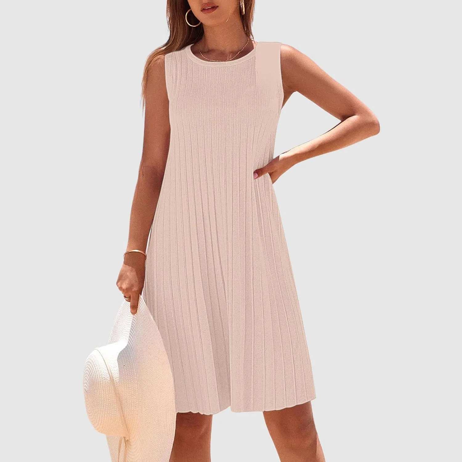 XOWRTE Womens 2025 Summer Sleeveless Mini Dress Crewneck Loose Tank A Line Pleated Swing Flowy Party Dresses Solid Color