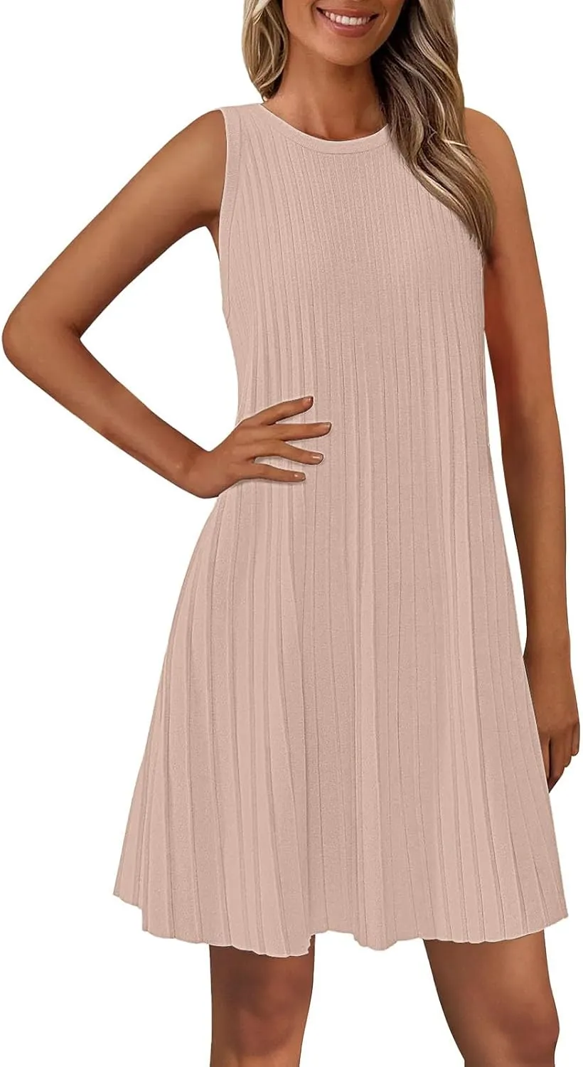 XOWRTE Womens 2025 Summer Sleeveless Mini Dress Crewneck Loose Tank A Line Pleated Swing Flowy Party Dresses Solid Color