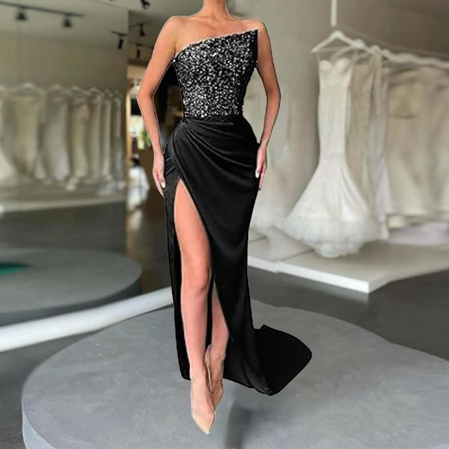 XOWRTE Women's Evening Dress Sexy One Shoulder Bodycon Sequin Gowns Sleeveless Cocktail Prom Club Party Maxi Dresses