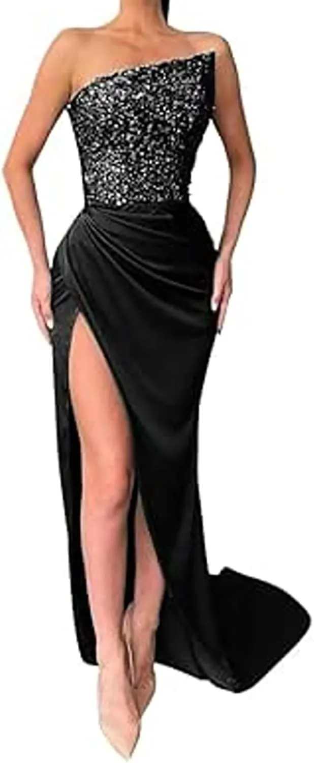 XOWRTE Women's Evening Dress Sexy One Shoulder Bodycon Sequin Gowns Sleeveless Cocktail Prom Club Party Maxi Dresses