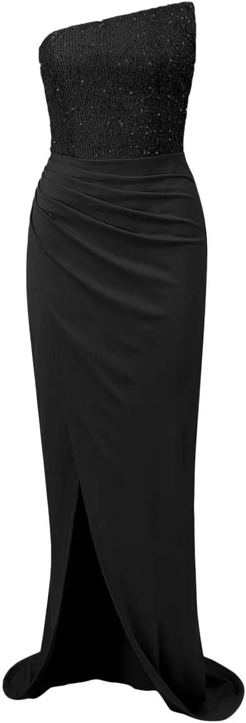 XOWRTE Women's Evening Dress Sexy One Shoulder Bodycon Sequin Gowns Sleeveless Cocktail Prom Club Party Maxi Dresses