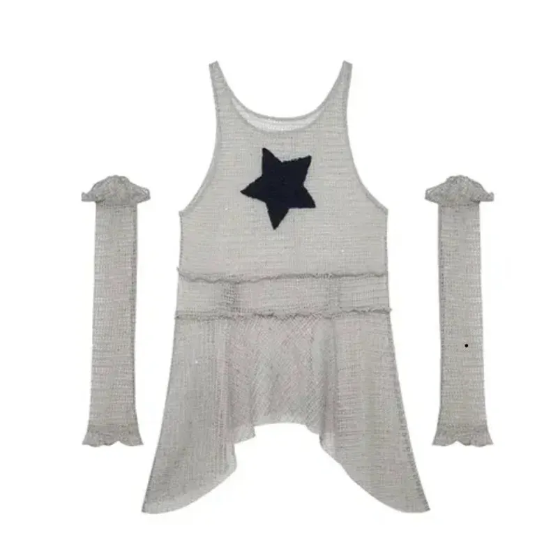 Y2k Mesh Tank Dress Women Summer Fashion Star Short Dresses Streetwear Hollow Out Sundress Sleeveless Outfits
