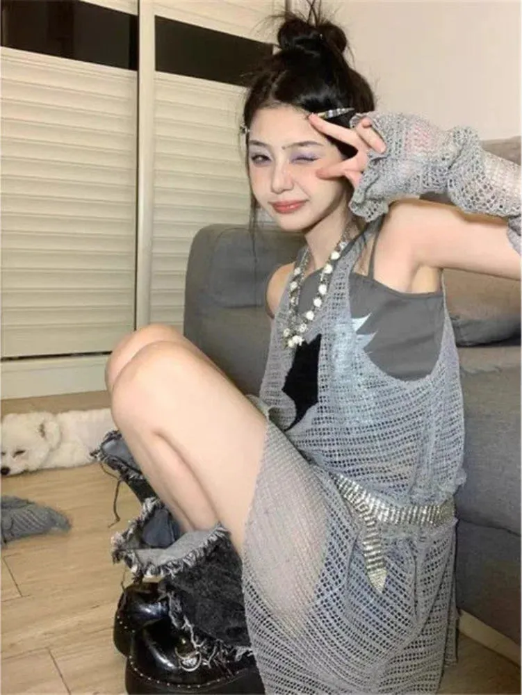Y2k Mesh Tank Dress Women Summer Fashion Star Short Dresses Streetwear Hollow Out Sundress Sleeveless Outfits