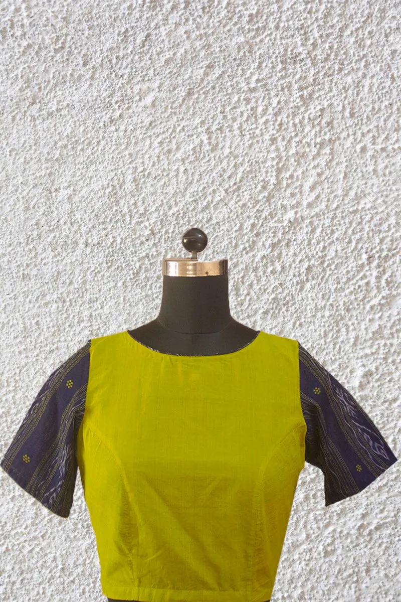 Yellowish Green with Ikat Sleeve Boondhi Button Stitched Blouse - 36, 38 & 40 Size