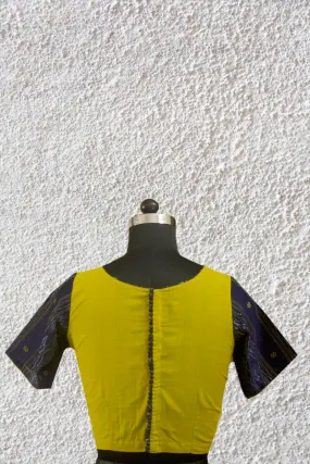 Yellowish Green with Ikat Sleeve Boondhi Button Stitched Blouse - 36, 38 & 40 Size